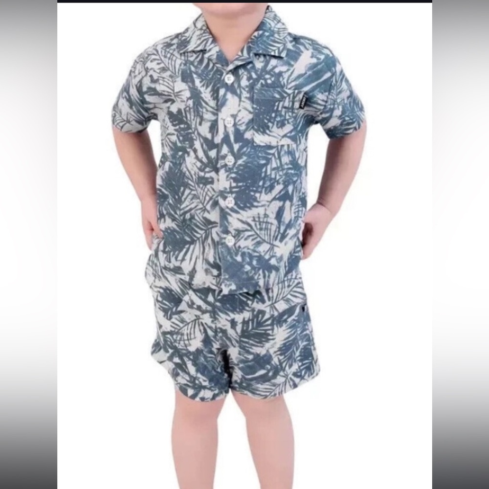 Blue Leaf Print Shirt and Shorts Set